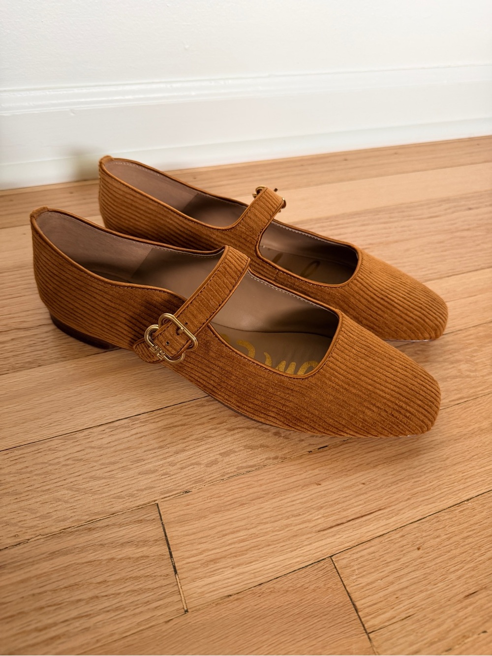 Sam Edelman Corduroy Mary Jane Flats in Caramel Brown with Gold Buckle 10